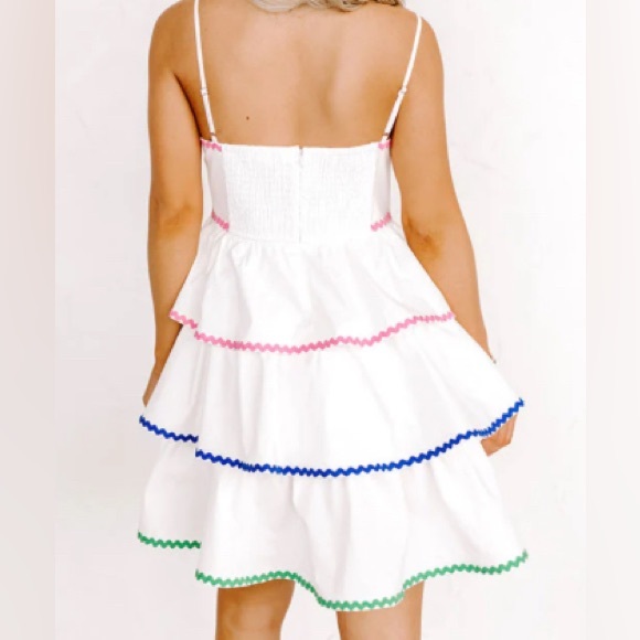 Tiered Mini Dress In White with Colorful Trim- Size Medium (Boutique) - Picture 3 of 4